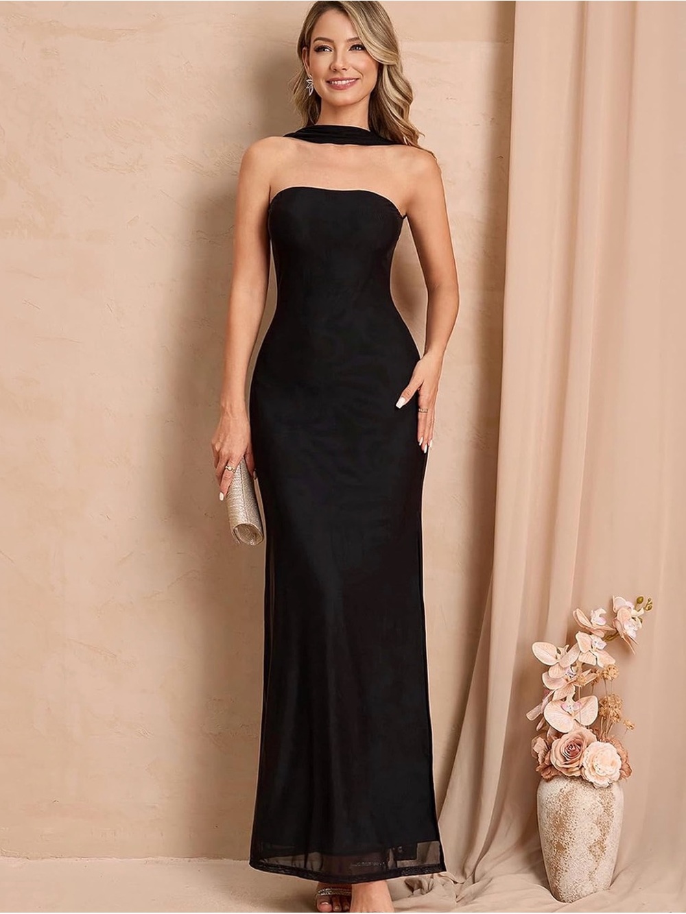 GLNEGE Black Mesh Maxi Dress Sleeveless Square Neck Bodycon Column Size L NWT